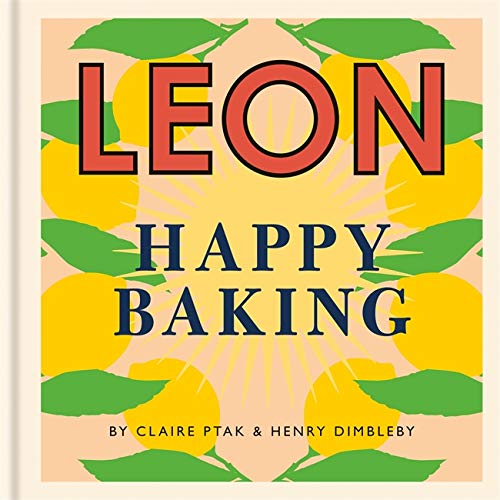 Cookbook cover with yellow lemons, red “Leon” and blue “Happy Baking” text.