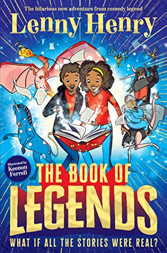 Book cover depicting children with mythical creatures and an open book.