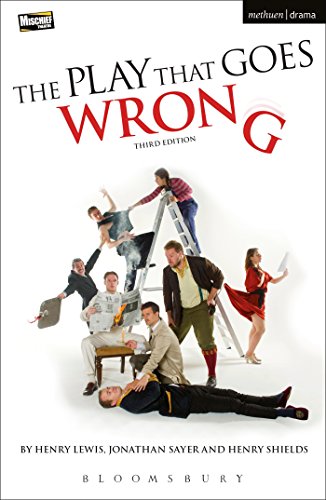Play script cover with actors in chaotic, comedic poses on a ladder.