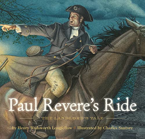 Paul Revere on horseback, illustrated cover of "Paul Revere's Ride" book.