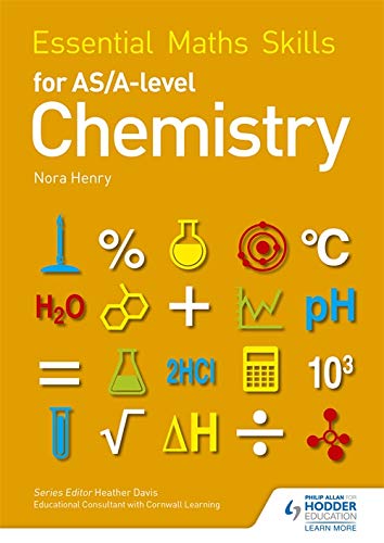 Book cover: "Essential Maths Skills for AS/A-level Chemistry" with chemistry symbols.