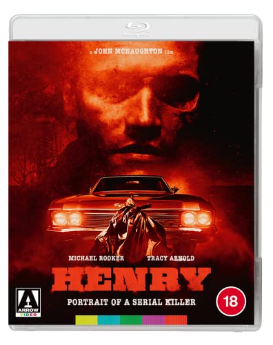 Blu-ray cover for Henry: Portrait of a Serial Killer featuring a red-tinted face and car.