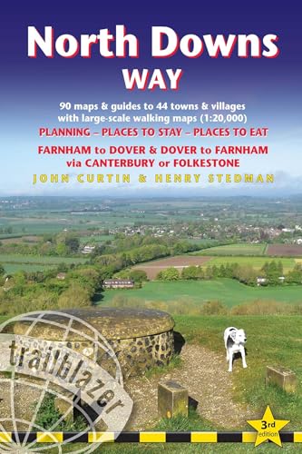 North Downs Way guidebook cover with rolling hills, a dog, and a bunker.