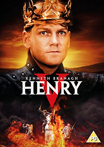 Kenneth Branagh as King Henry V on DVD cover, battle scene below.