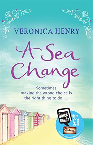 Book cover: “A Sea Change” with beach huts and purple text.