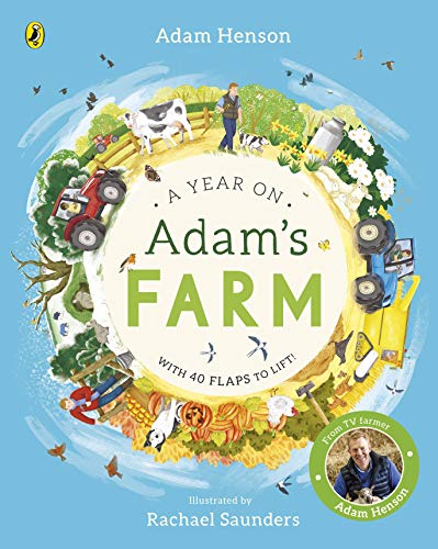Illustrated book cover showing a circular farm scene with animals, vehicles, and Adam Henson.