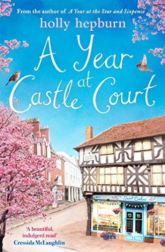 Book cover: “A Year at Castle Court” with a village scene and birds.