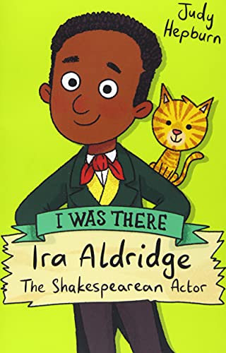 Cartoon illustration of Ira Aldridge with a cat, book cover for young readers.