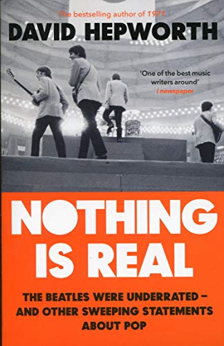 "Book cover with black and white image of The Beatles and orange background."