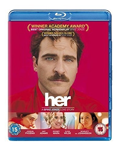 Blu-ray cover for the film Her featuring Joaquin Phoenix against a red background.