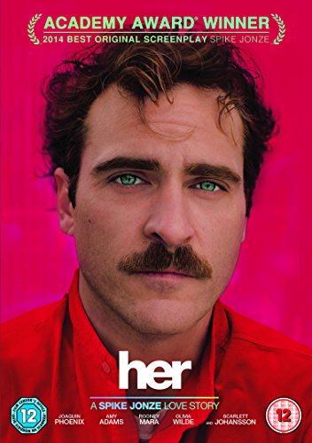DVD cover for "Her" featuring Joaquin Phoenix in a close-up portrait.