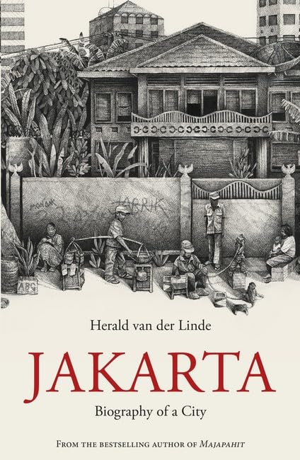 Book cover with a black and white illustration of people in a Jakarta street.