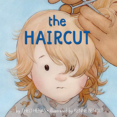 Book cover: child getting a haircut with scissors, illustrated style.