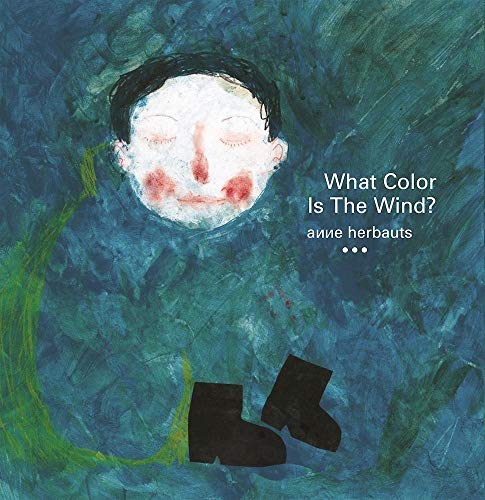 Book cover: child’s face with black boots on a blue background.