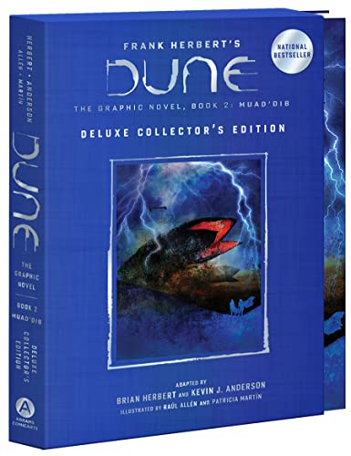 Book cover: “Dune” graphic novel, featuring a sandworm amidst lightning.