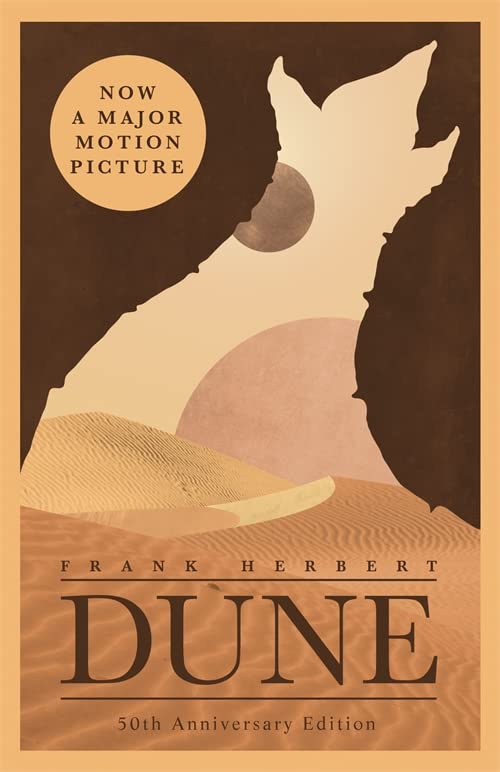 Book cover for "Dune" featuring a worm emerging from desert sands.