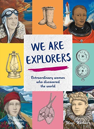 Book cover collage featuring portraits of female explorers and equipment against colorful background panels.