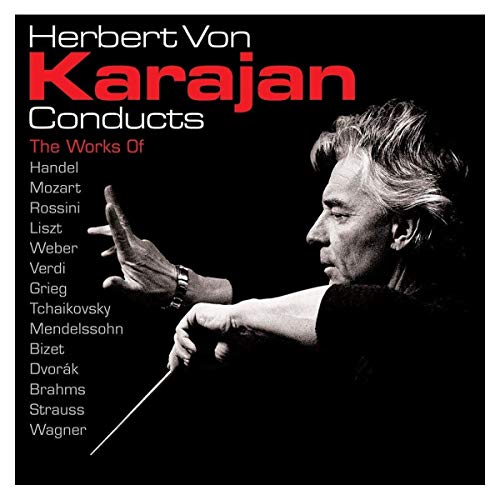 Herbert Von Karajan conducting, black and white portrait, composers listed.