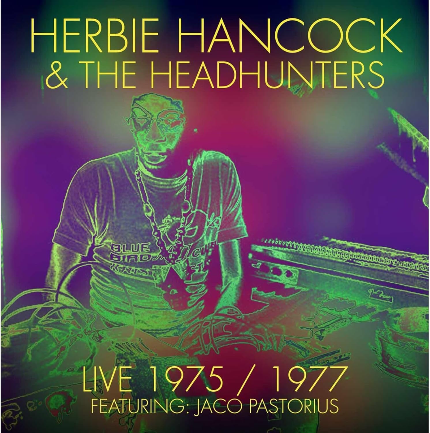 Herbie Hancock album cover, stylized portrait with keyboard and text.