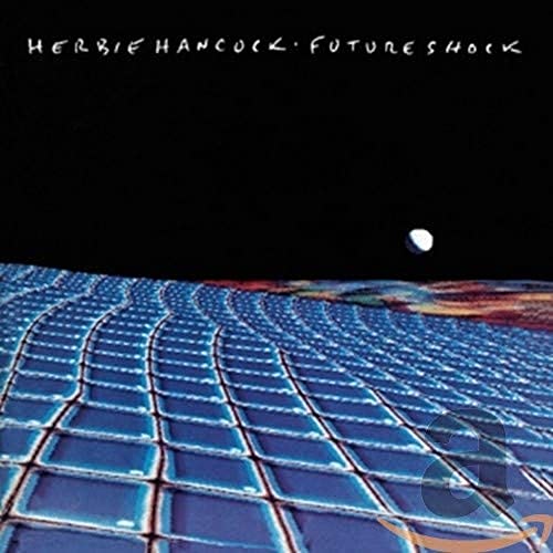 “Future Shock” CD cover by Herbie Hancock, with blue grid and white orb.