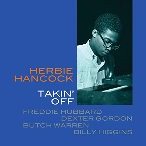 Album cover for Herbie Hancock’s “Takin’ Off” featuring a portrait of Hancock.