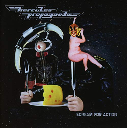 CD cover: Surrealist image with robotic figures, cheese, and a raised arm.