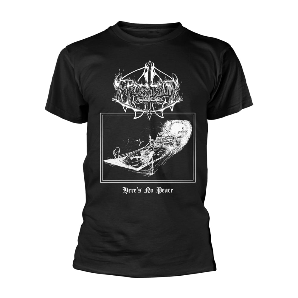 Black t-shirt with ornate skull, ship, and text “Here’s No Peace”.