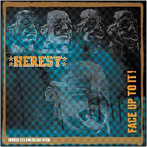 "Album cover with blue and black checkered pattern, featuring 'Heresy' and 'Face Up To It!' text."