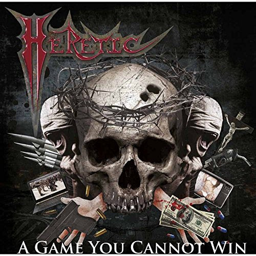 CD cover for "Heretic" featuring a skull, thorns, and figures in distress.