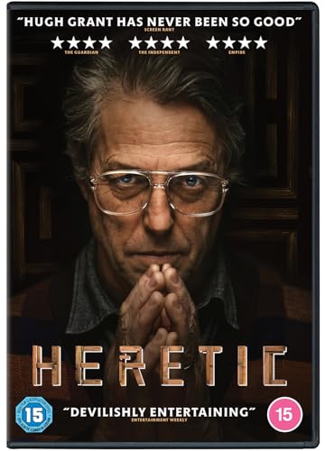 DVD cover of Heretic featuring a close-up of Hugh Grant wearing glasses.
