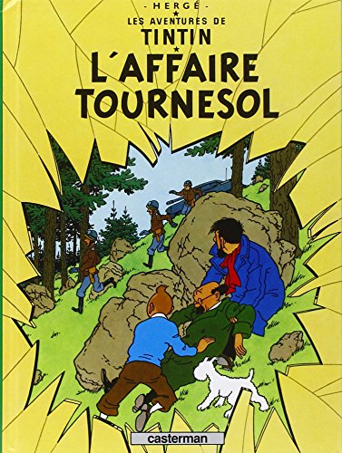 Comic book cover: Tintin, Snowy, and Professor Tournesol in a chase scene.