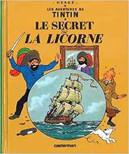 Tintin book cover: pirate with sword, ship in a circle, Snowy the dog.
