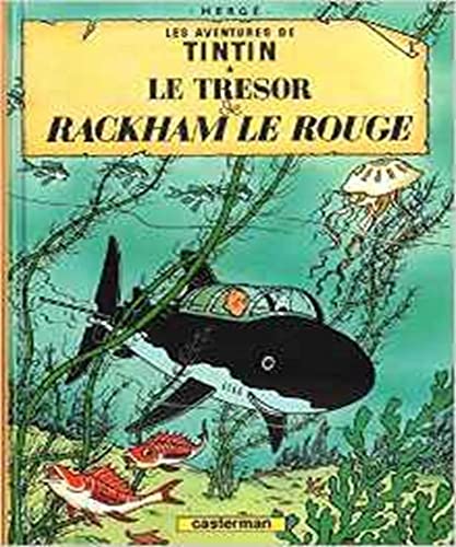 Tintin book cover: a black submarine underwater with fish and seaweed.