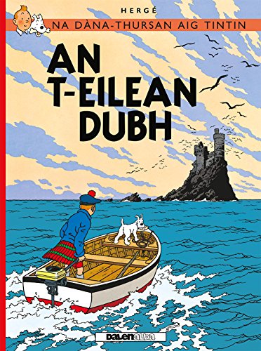 Tintin book cover: boy in boat before a dark island castle.