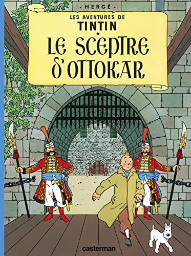 Tintin book cover, “Le Sceptre d’Ottokar,” featuring Tintin and Snowy near a castle.