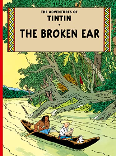 Tintin and a native man in a canoe on a river.