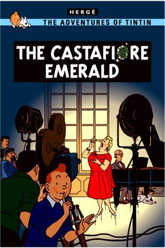 Cover of "The Castafiore Emerald" featuring a singer and recording equipment.