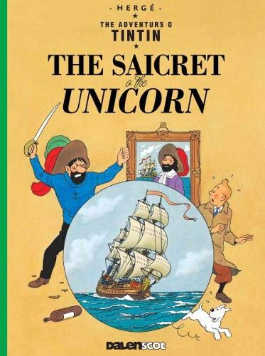 Book cover featuring a pirate, a portrait, a sailing ship, Tintin, and Snowy.