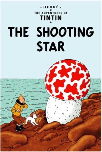 Tintin and Snowy before a large, red-spotted meteorite at sea.