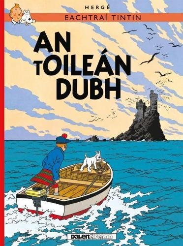 Tintin and Snowy in a small boat approaching a rocky island with a castle.