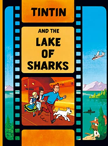 Book cover showing Tintin, Snowy, and two children running with a lake background.