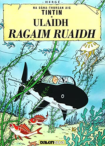 Tintin inside a shark-shaped submarine, surrounded by marine life.