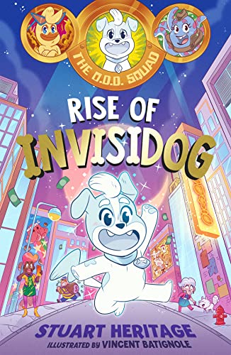 Book cover: cartoon dog, city background, and colorful circular emblems.