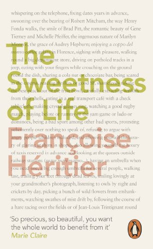 Book cover with text listing enjoyable life moments, Penguin logo.