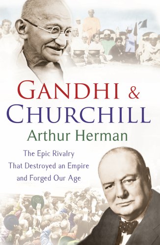 Book cover featuring portraits of Mahatma Gandhi and Winston Churchill with a crowd background.