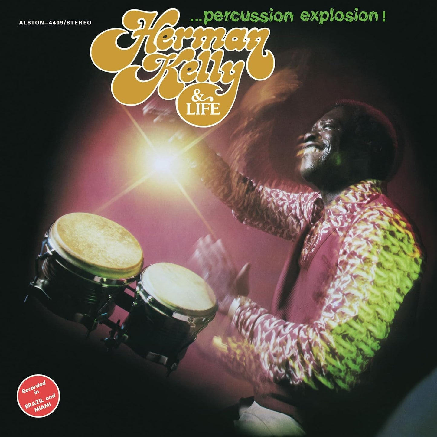 Album cover for "Percussion Explosion!" featuring Herman Kelly and a drummer.