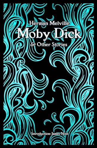 Book cover for "Moby Dick" with swirling teal designs on black.