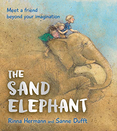 Children ride a large, sandy elephant on a textured beach.