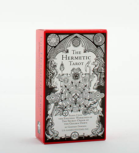 Red tarot deck box with ornate black and white symbolic design.