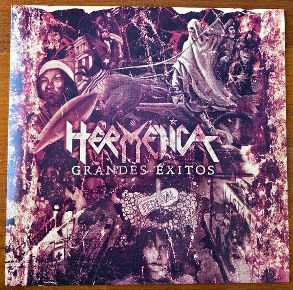 Hermetica “Grandes Exitos” vinyl record cover, collage of figures and text.